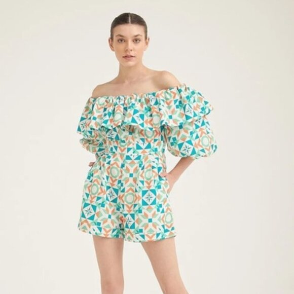 NWT - Silka Fatima Romper Pink Green Geometric Print Off-shoulder Ruffle - Picture 5 of 8